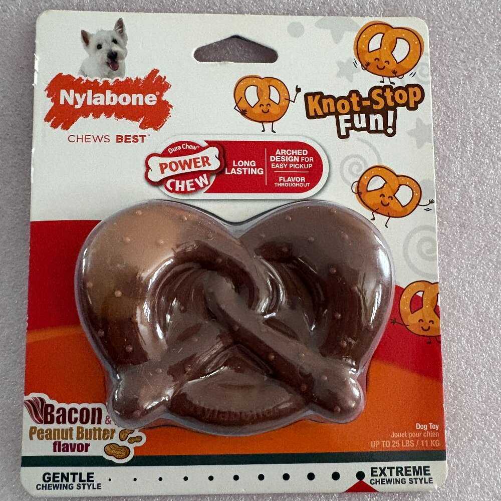 Nylabone BACON & PB Flavor Dog Chew Toy PRETZEL For Dogs Up To 25 lbs NEW SEALED